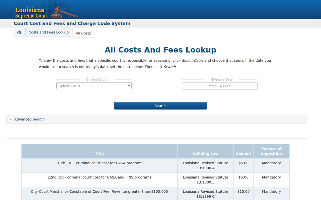 Lincoln Parish bench warrant court cost codes in the statewide cost search