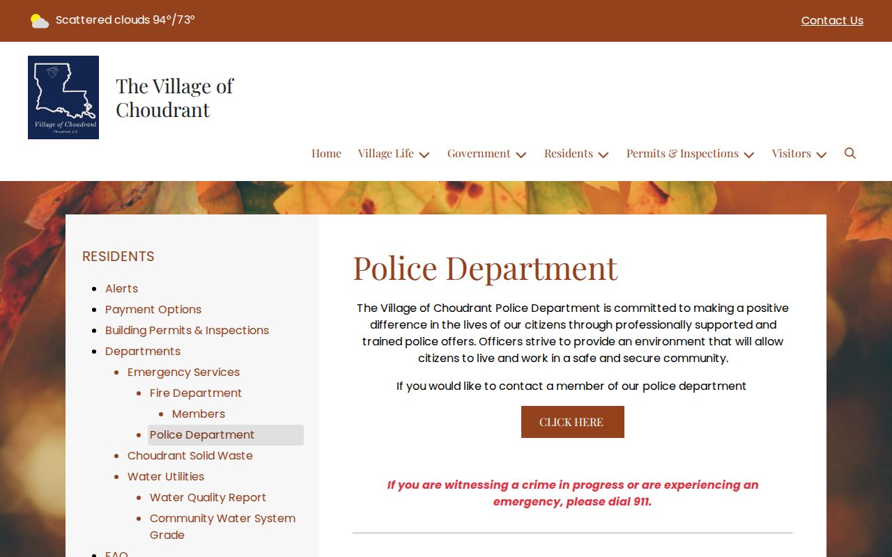Choudrant warrant records contact page for the village police department