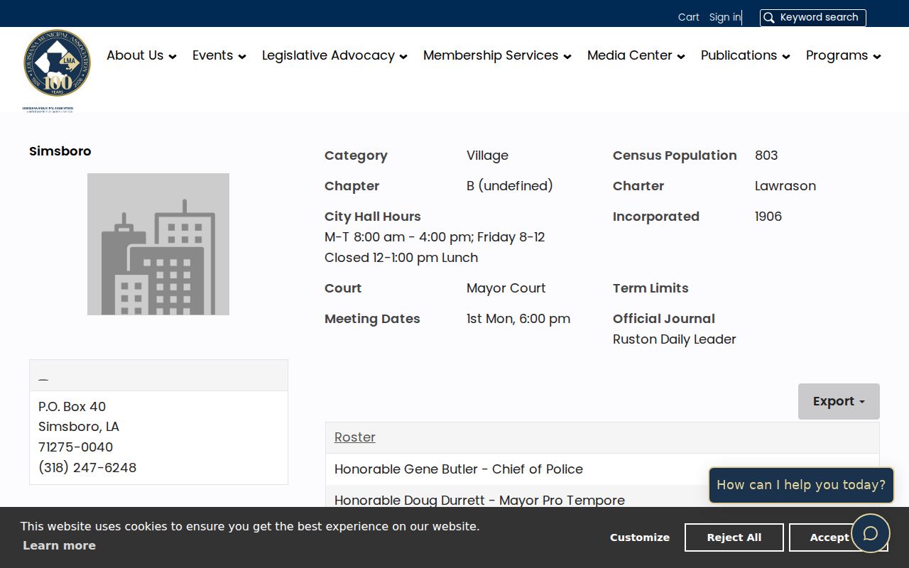 Simsboro warrant records office listing published in a municipal association directory