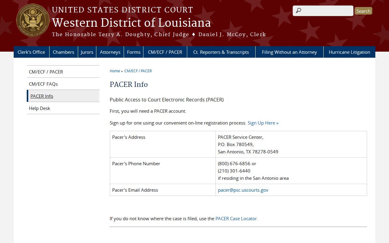 Federal arrest warrant docket access through PACER in the Western District of Louisiana
