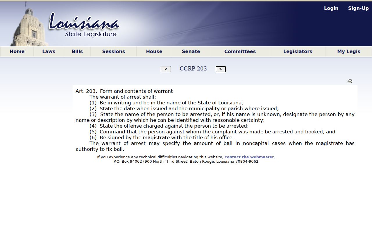 Lincoln Parish arrest warrant content required by Louisiana statute